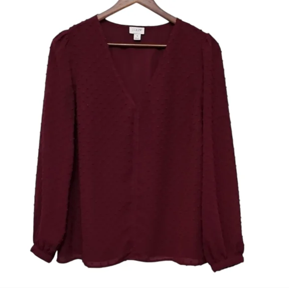 J. Crew Women's V-neck Clip-Dot Burgundy Blouse Size S - Picture 3 of 6